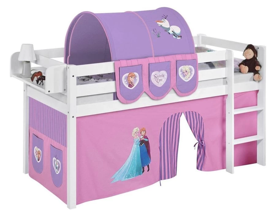 Lit Surélevé Blanc Laqué Rideau Princesses 90x190cm 3 Lit Surélevé Blanc Laqué Rideau Princesses 90x190cm